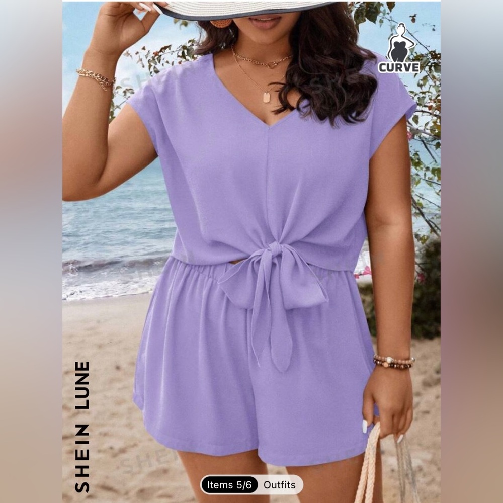 SHEIN LUNE Plus Size Women’s V-neck Batwing Sleeve top and short set